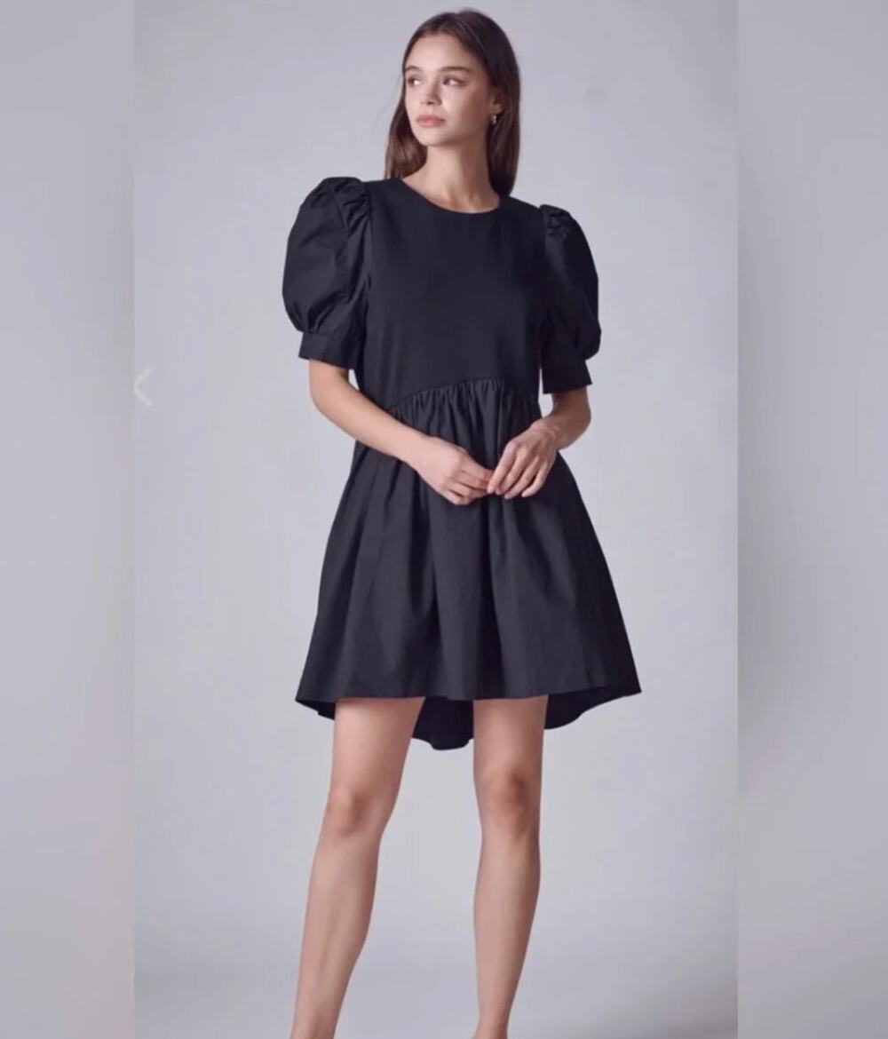 English Factory Black Puff Sleeve High Low Knit Combo Mini Dress Size M